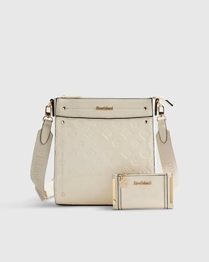 River Island Womens Messenger Bag Cream Embossed Monogram Bundle Zip