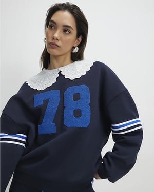 River Island Womens Sweatshirt Navy '78' Long Sleeve Collared