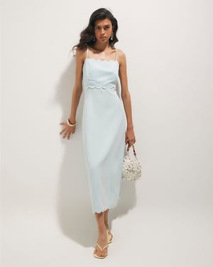 River Island Womens Midi Dress Blue Linen Blend Scallop Trim Zip