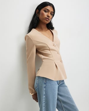 River Island Womens Jacket Beige Long Sleeve Pleated V-Neck