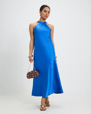 River Island Womens Slip Midi Dress Petite Navy Halter Neck Back