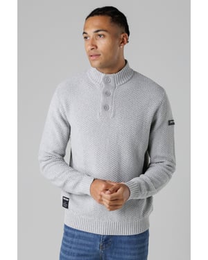 Light Grey Cotton Rich Waffle Knit Funnel Neck Jumper With Buttons