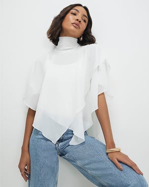 River Island Womens Ruffle Cape Cream High Neck Tiered Ruffles Top