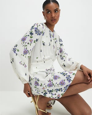 River Island Womens Mini Dress White Long Sleeve Floral Round Neck