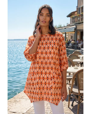 Cotton Geometric Pocket Longline Tunic Top