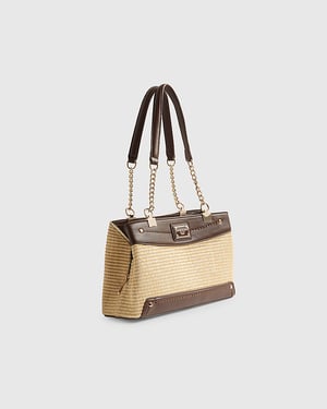 River Island Womens Shoulder Bag Beige Raffia Chain Handle Zip