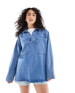 ASOS DESIGN denim rugby top in lightwash blue