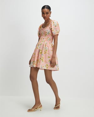 River Island Womens Mini Dress Pink Puff Sleeve Floral Short Sleeve