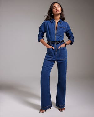 River Island Womens Jumpsuit Blue Stretch Denim Straight Leg