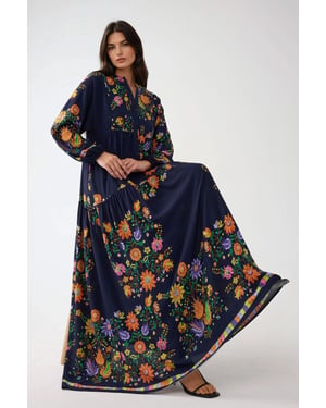 Printed V-Neck Maxi Dress with Button Detail