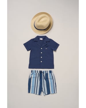 Woven Shirt, Stripe Shorts and Fedora Hat