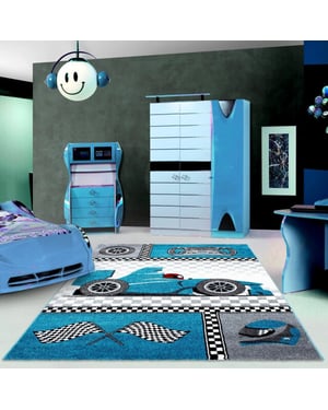 Muratap Kids formule 1 vloerkleed kinderkamer blauw / grijs laagpolig- 80x150 cm