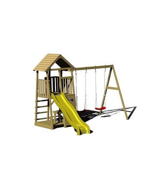 Wendi Toys Houten speeltoren giraffe met glijbaan, klimwand, 2 schommels &