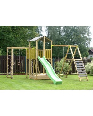Wendi Toys Houten speeltoren dino | inclusief glijbaan, klimwand, schommel &