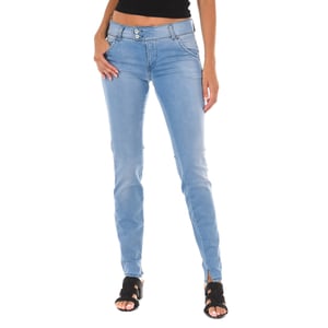 Långa denimbyxor med sliten effekt i elastiskt tyg 70DBF0518 kvinna