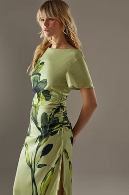 Placement Print Crinkle Satin Ruched Midi Dress