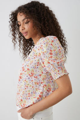 Multi Ditsy Shirred Hem Blouse