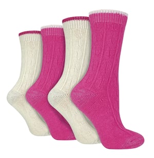 4 Pack Ladies Cable Knit Socks | Wildfeet | Lurex Glitter Socks for Women - Cream/Pink