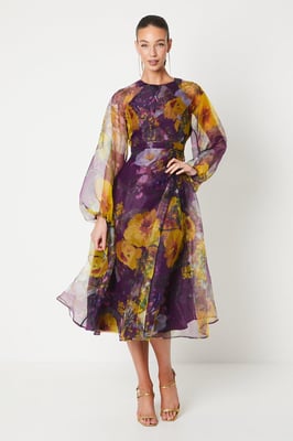 Organza Wrap Waist Puff Sleeve Midi Dress