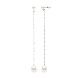 Twee Oorbellen Wit Goud - Echte Cultiveerde Zoetwaterperlen Knop 5-6 mm + Parel 8-9 mm
