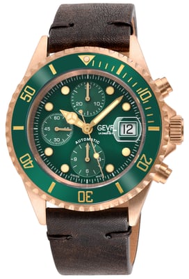 Gevril Mens Wall Street Swiss Automatic ETA 7750 Ceramic Bezel, Genuine Handmade Italian Leather Watch