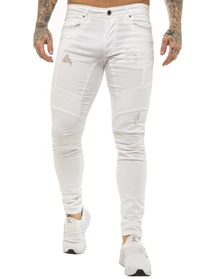 Enzo | Mens Skinny Stretch Biker Denim Jeans - White
