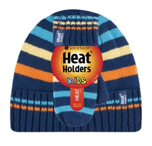 Heat Holders - Kids Boys Winter Knitted Thermal Fleece Lined Cuffed Beanie Hat and Mittens Set - NSM1P5