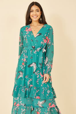 Green Crane Print Long Sleeve Wrap Midi Dress