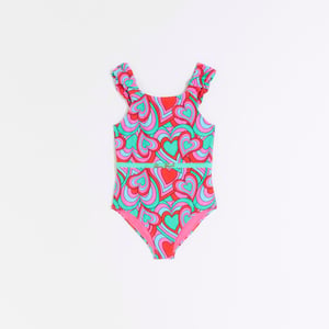 River Island Girls Swimsuit Green Heart Print Frill