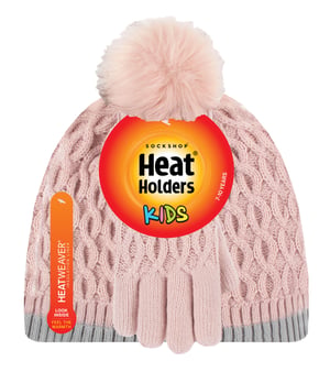 Heat Holders - Girls Thermal Insulated Pom Pom Bobble Beanie Hat and Gloves | Colourful Pastel Styles - Dusky Pink
