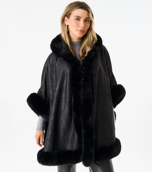 Faux Fur Trim Poncho Cape