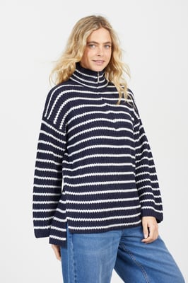 Navy Striped Fisherman Knit Zip Neck Tunic Jumper
