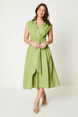 Linen Blend Belted Midi Dress