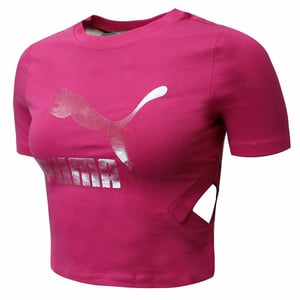 Puma Classic Logo Short Sleeve Crew Neck Cut Out Pink Womens Crop Top 579208 20