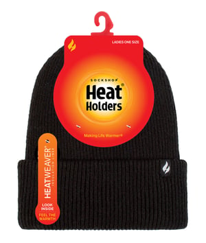 Ladies Fleece Lined Ribbed Turnover Hat | Heat Holders | Thermal Hat for Winter - Black