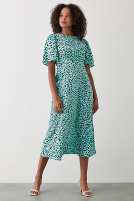Green Animal Flutter Sleeve Shirred Waist Midi Dress