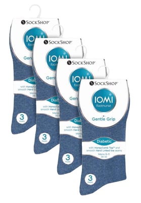 12 Pair Multipack Gentle Grip Top Diabetic Socks | IOMI | Mid Calf Loose Top Non Elastic Cotton Socks with Handlinked Seamless Toe - Blue
