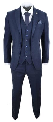 Heren 3-delig marineblauw wollen tweed vintage retro pak