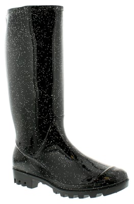 Womens/Ladies Black Long Leg Pvc Wellingtons With A Glitter Finish.