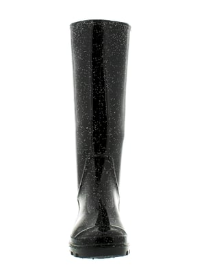 Womens/Ladies Black Long Leg Pvc Wellingtons With A Glitter Finish.