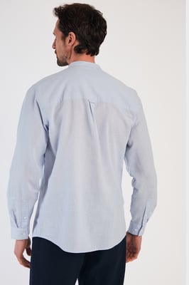Blue Linen Blend Long Sleeve Button-Up Shirt With Grandad Collar
