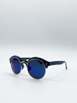 Black Round Sunglasses with Blue Revo Lenses and Gold Detail