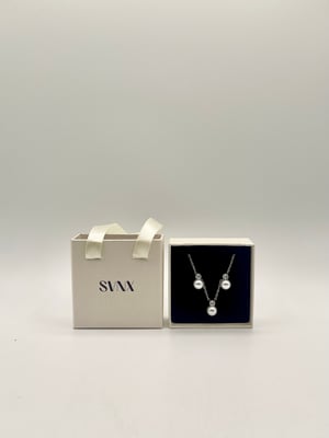Large Pearl Diamante Earrings & Necklace Set in Silver