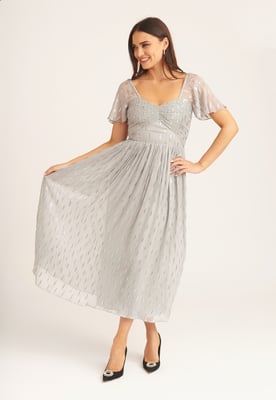 Jacquard Metallic Angel Sleeves Midi Dress