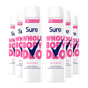 Sure Women Wild Rose Whole Body Deodorant Spray Aluminium Free 150ml, 6 Pack