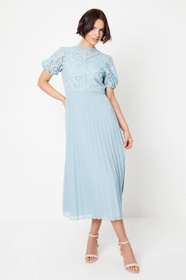 Lace Puff Sleeve Pleated Midi Dress