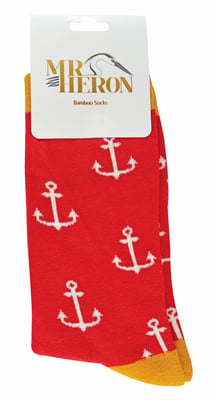 Mr Heron - Mens Bamboo Socks | Novelty Funky Socks | Patterned Argyle Striped Socks | Breathable Soft | Gifts for Him - Anchors (Red)