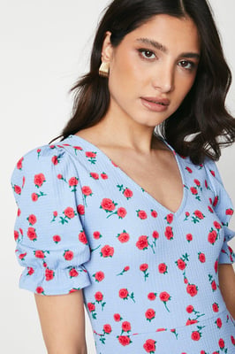 Rose V Neck Short Sleeve Midi Dress