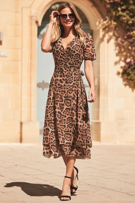 Leopard Print Mesh Wrap Jersey Dress