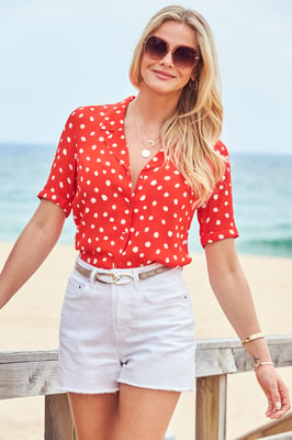 Red & White Spot Print Short Sleeve Relaxed Fit Shirt
